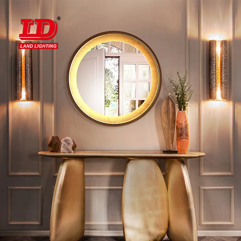 Led Anti Fog Round Light Mirror Hanging Wall Mirror With Retro Frame Smart Bathroom Decor Wall Mirror With Touch Screen