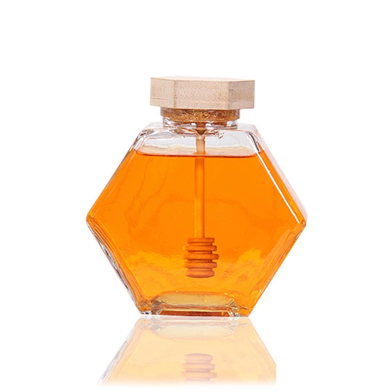 Glass Container with Wooden Dipper for Honey Packaging Hexagon Clear 380ml Food Honeycomb Storage Jars with Bamboo Lids Spoon