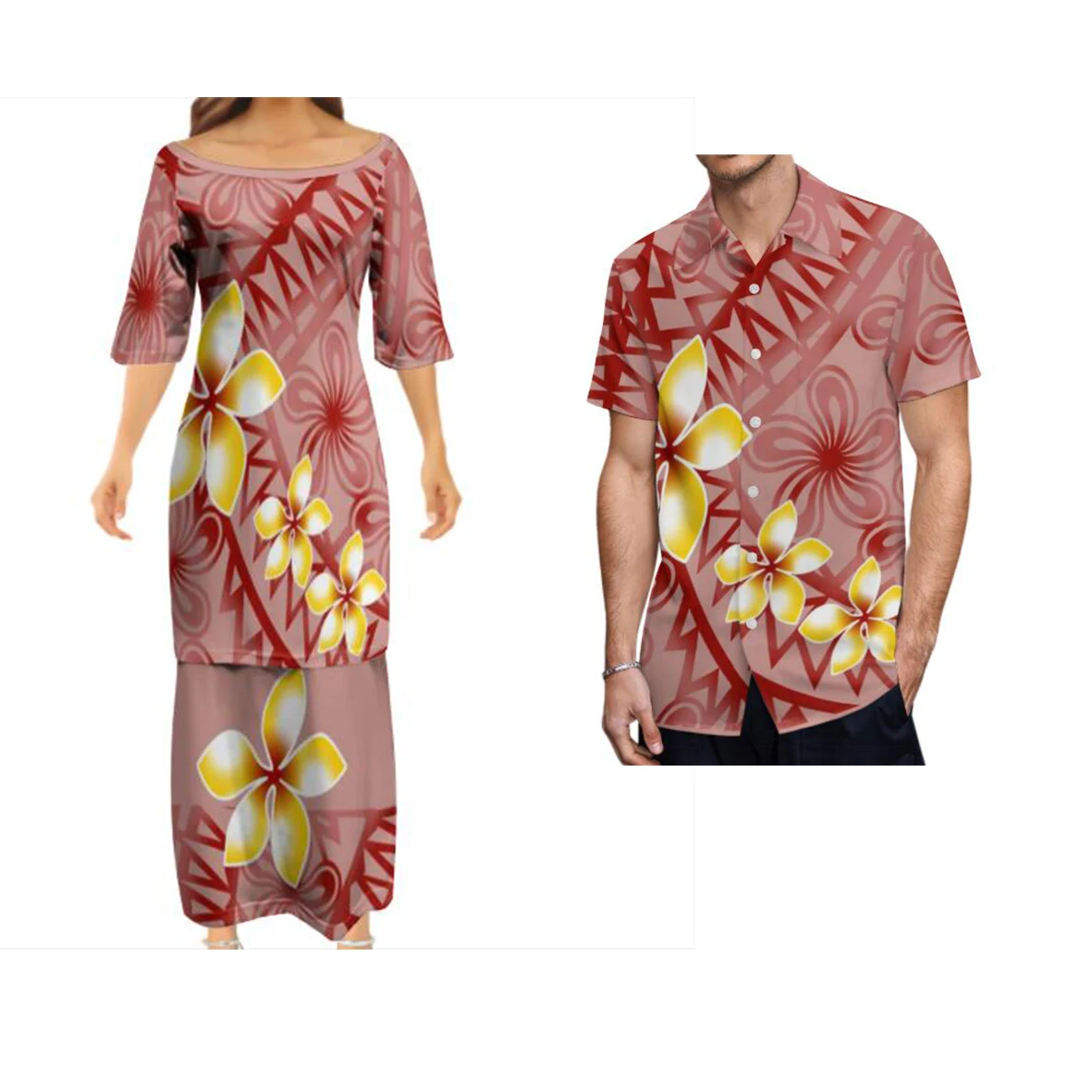 No Minimum Pacific Island Art Breathable Lady Puletasi Dresses And Men Aloha Shirt Tonga Polynesian Tattoo Designs Couple Suit
