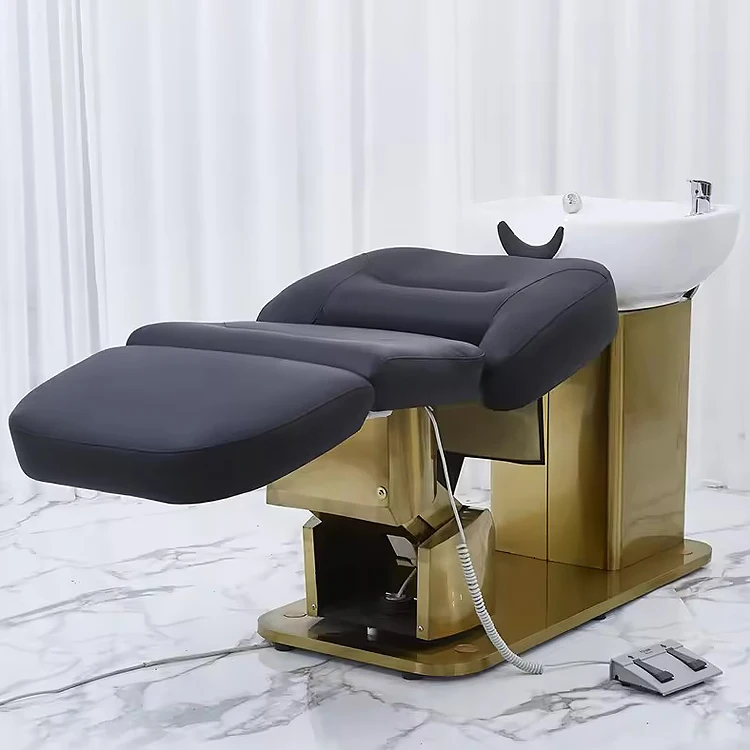 Modern high end reclining shampoo chair electric adjustable gold stainless steel beauty salon head wash chair for barbershop