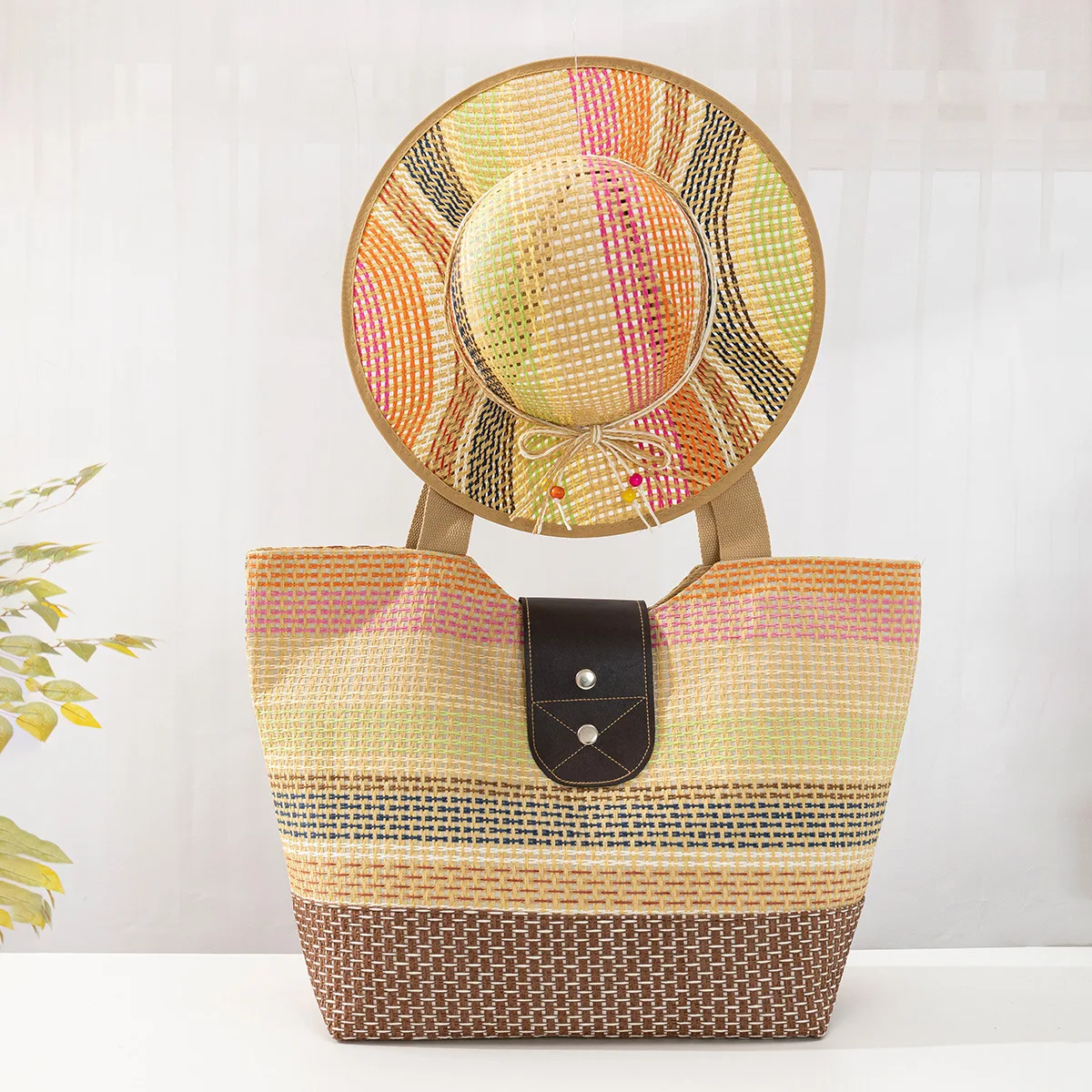 Wholesale One Shoulder Canvas Leather Buckle Bag Hat Set Women Vacation Beach Straw Bag And Hat Set