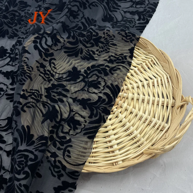 KF073 High Quality  Custom Patterns  Nylon Printed 4ways printing flocking Stretch Mesh Fabric For Clothing