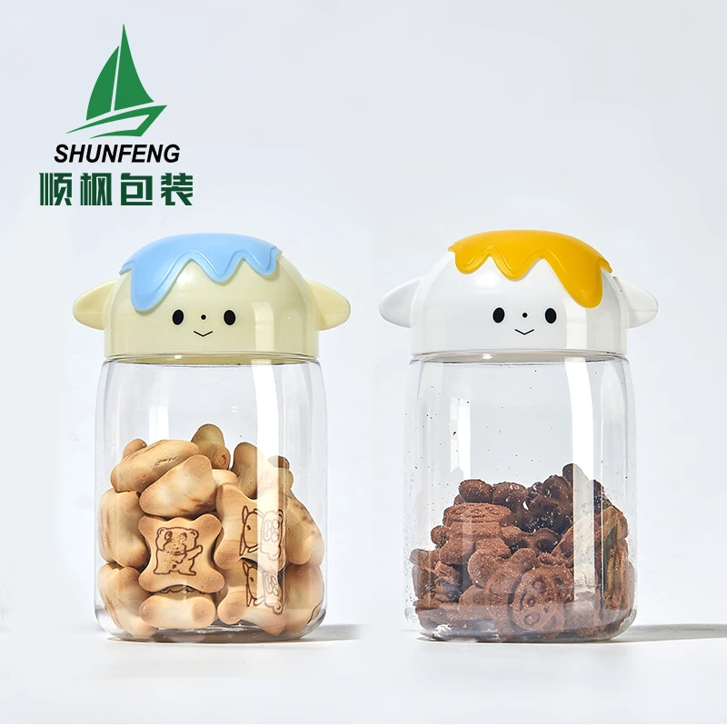 Wholesale clear empty 50g 350ml 500ml 800ml 8 oz 16 oz Kids nuts Snacks cookie Lovely packaging Plastic food Jars with lids