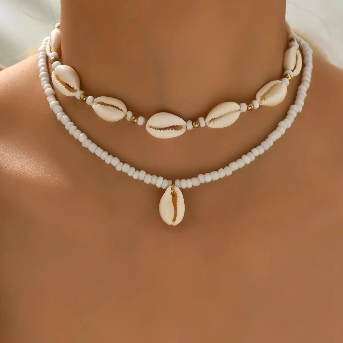Summer Beach Clavicle Chain Boho Shell Rice Beads Choker Pendant Necklace