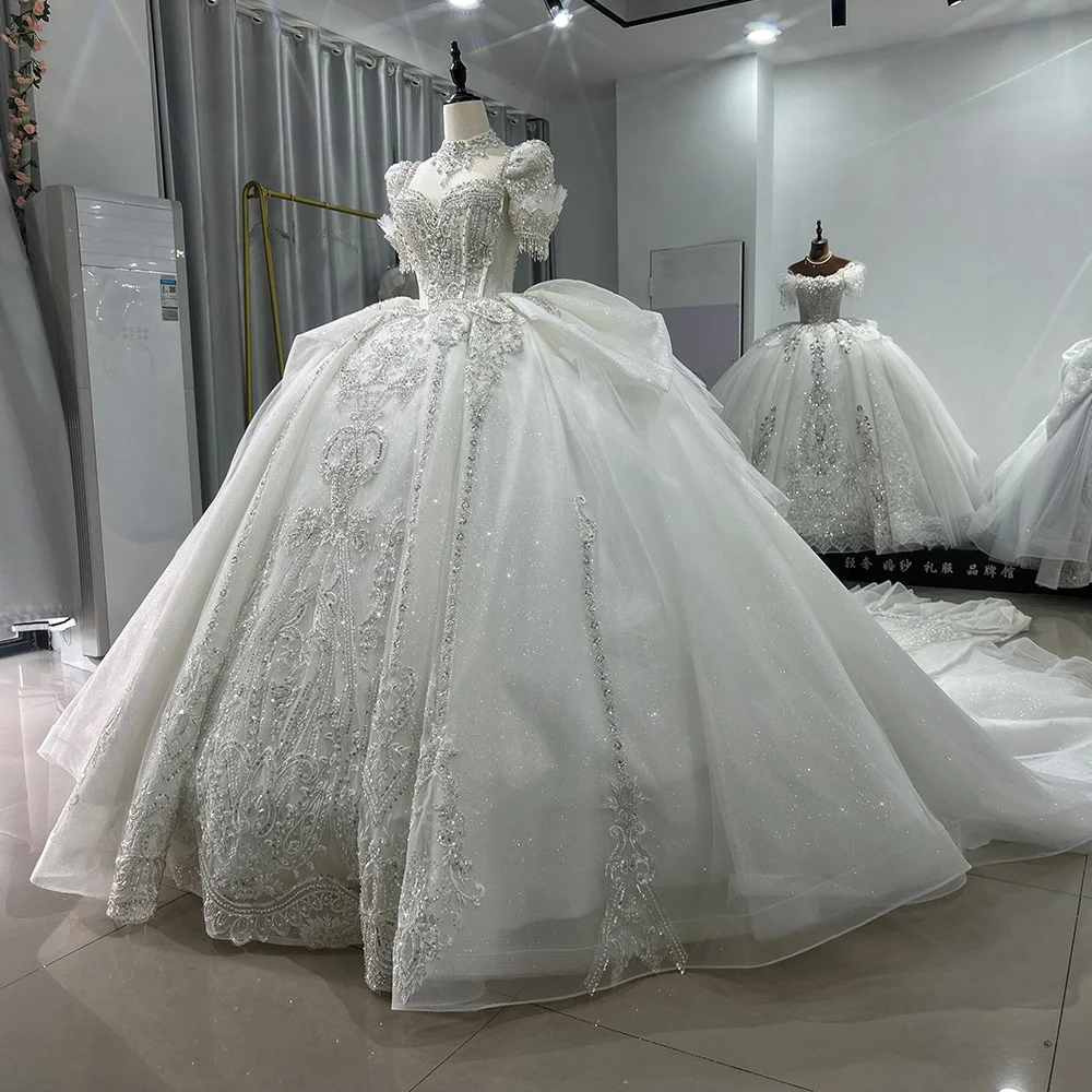 Elegant Wedding Dresses For Women Organza Ball Gown Short Sleeves Wedding Gowns Pearls Xs054