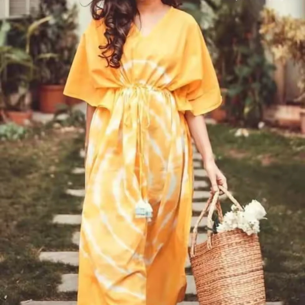 Custom Manufectuer Slim Fit 100% Modal Round Neck Short Extended Sleeves Candy Red Shibori Tie-Dye Kaftan Handmade Premium