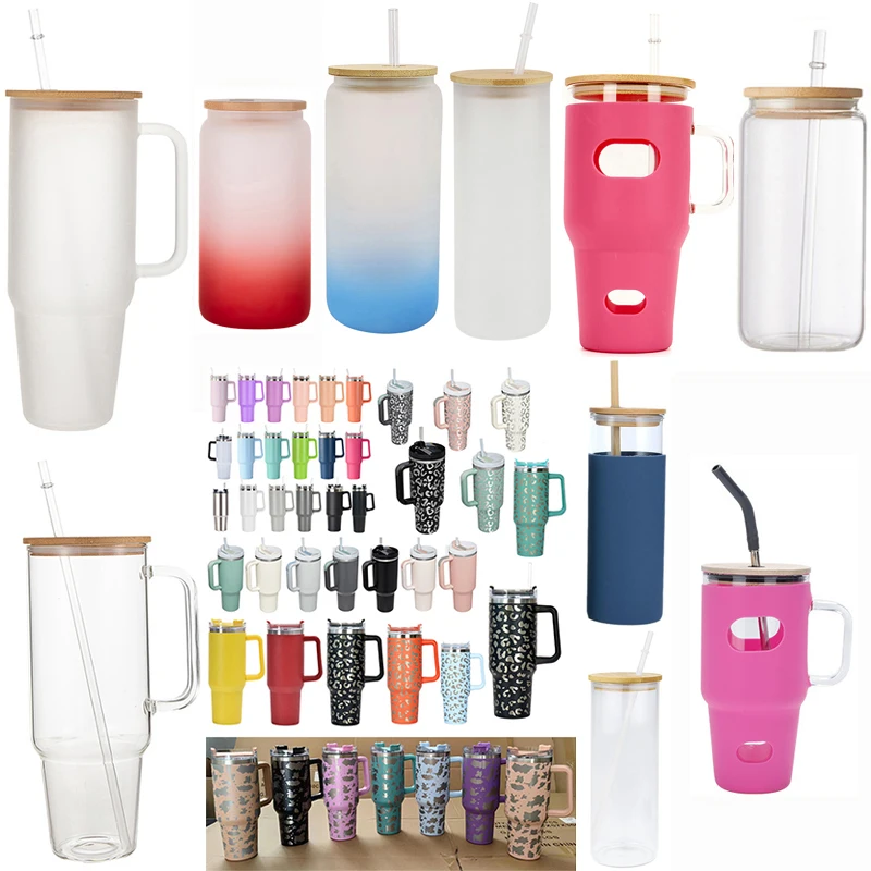 custom cow SIMPLE Glass Tumbler With Bamboo Lid 12oz 32oz 40oz 16oz 20oz Iced Coffee Cup Mason Jar Beer Can 50oz car holder cups