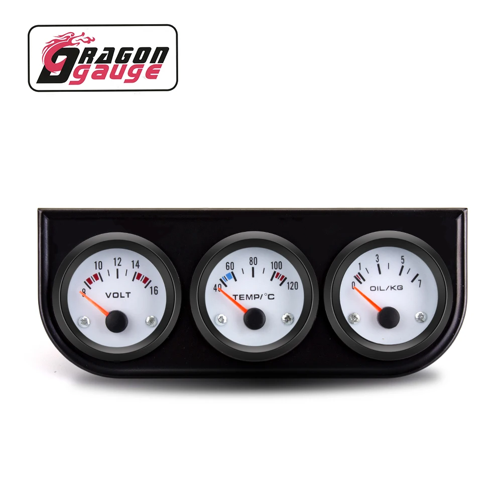 DRAGON GAUGE 52mm Triple Gauge Kit Auto Voltmeter + Water temp + Oil Pressure Gauge Combined Cluster With Sensors (2010BB-V)