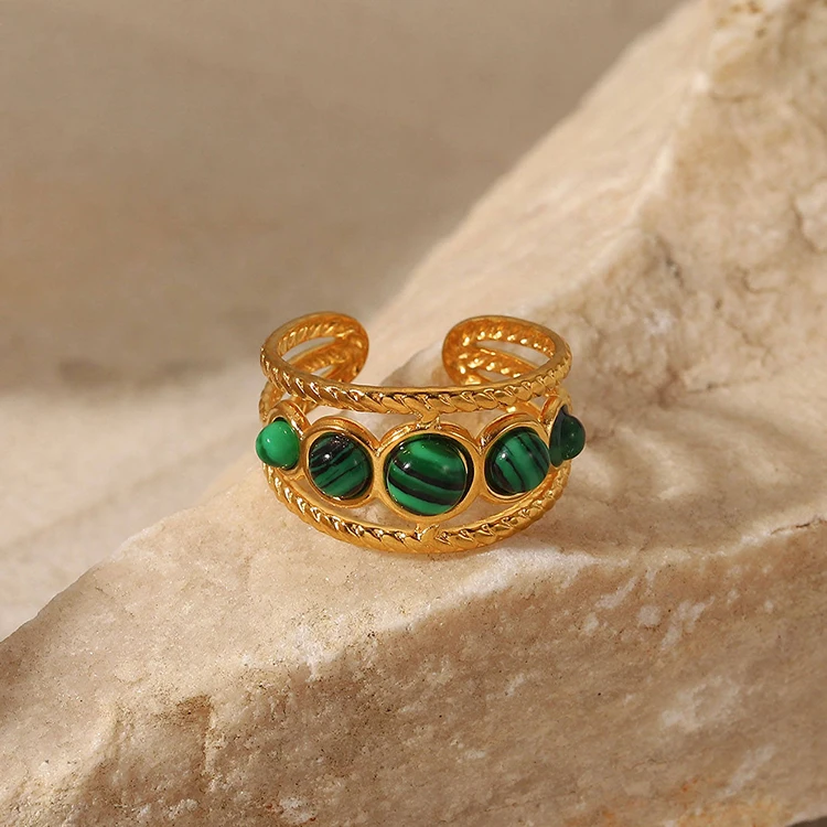 18k Gold Plated Snake Green Stone Cross Emerald Open Ring Stainless Steel Adjustable Rings