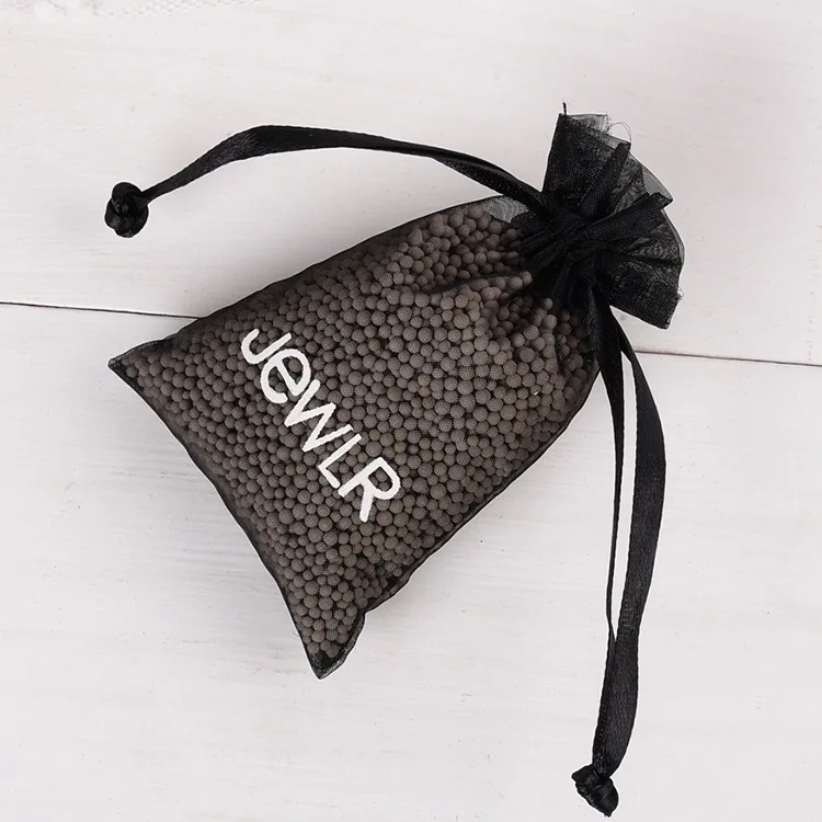 
Personalized costmetic jewelry gift packaging organza drawstring pouch black custom with white print organza bags logo 