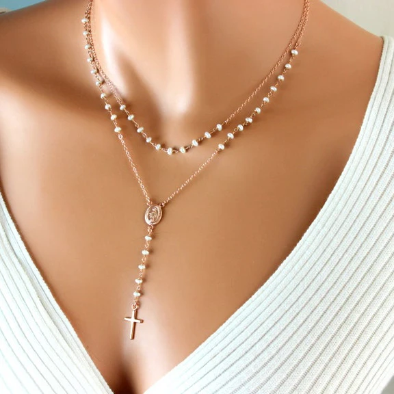 sterling silver necklace rosary cross 18k Rose Gold Silver sublimation rosary necklace