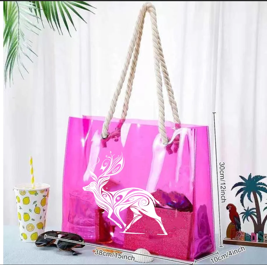 High quality Customized Fashion Pink Bags With Thick Cotton Handle Transparent Pvc Waterproof Tote Shopping Bag clear beach bag