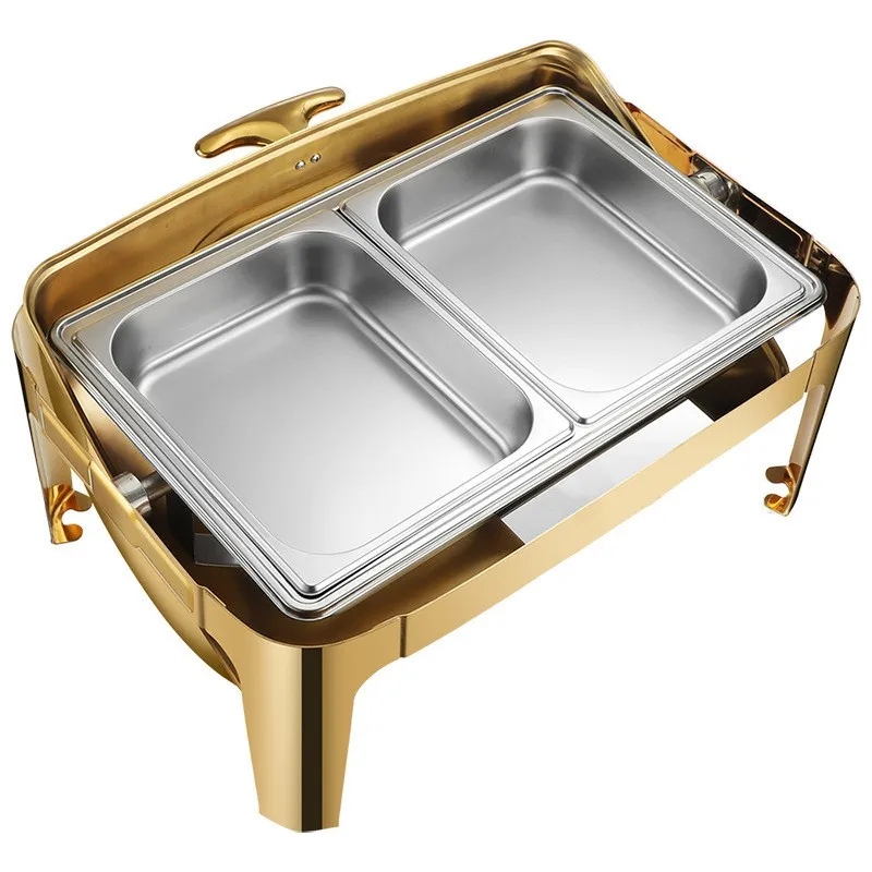 9 Quart Gold Roll Top Rectangular Stainless Steel Chafing Dish Buffet servers Set and Warmers Set Warming Tray Glass Window