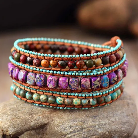 Fashion Boho Bijoux Bracelet African Natural Blend Jasper Multi-layer Bracelet Bohemian Charm 3 Strands Woven Wrap Bracelets