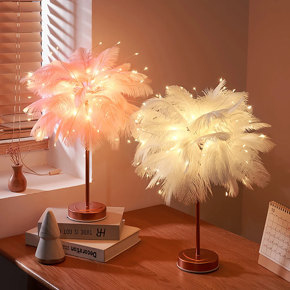LED Night Light USB Fairy Light Feather Table Lamp Desk Decoration Living Room Party Christmas Wedding Girl Bedroom Decoration