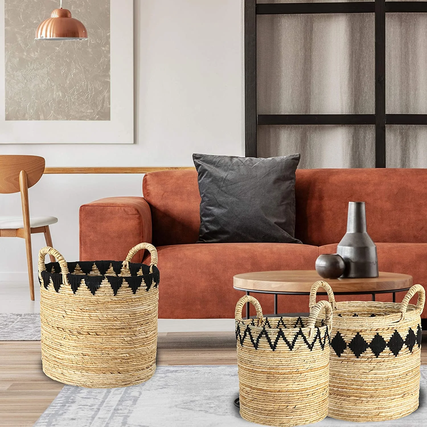 Set of 3 large customized corn husk and straw storage basket for home storage