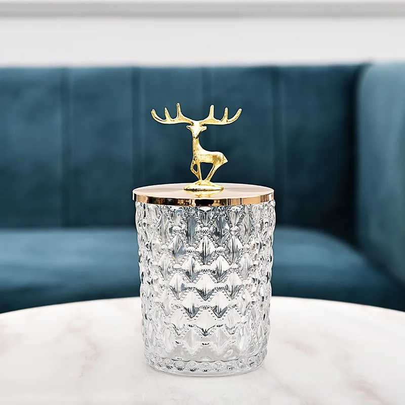 North European and American style metal deer head crystal glass decoration candy storage box food container cheap glass jars