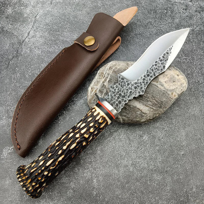 Outdoor Utility Wilderness Hunting Kitchen High Hardness Damascus Pattern Pocket Knife With Leather Sheath forging