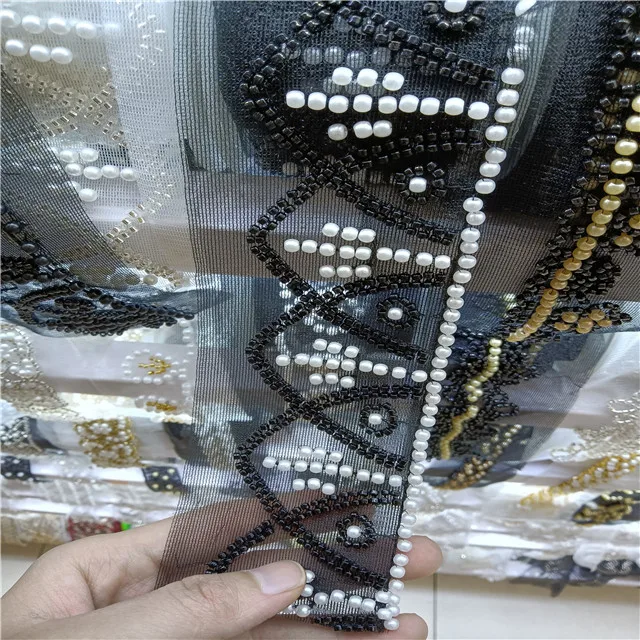 hand sewing bugle bead rhinestone lace tape trimming,handmade sewing on heavy beading lace ribbon tape for garment neck,bottom