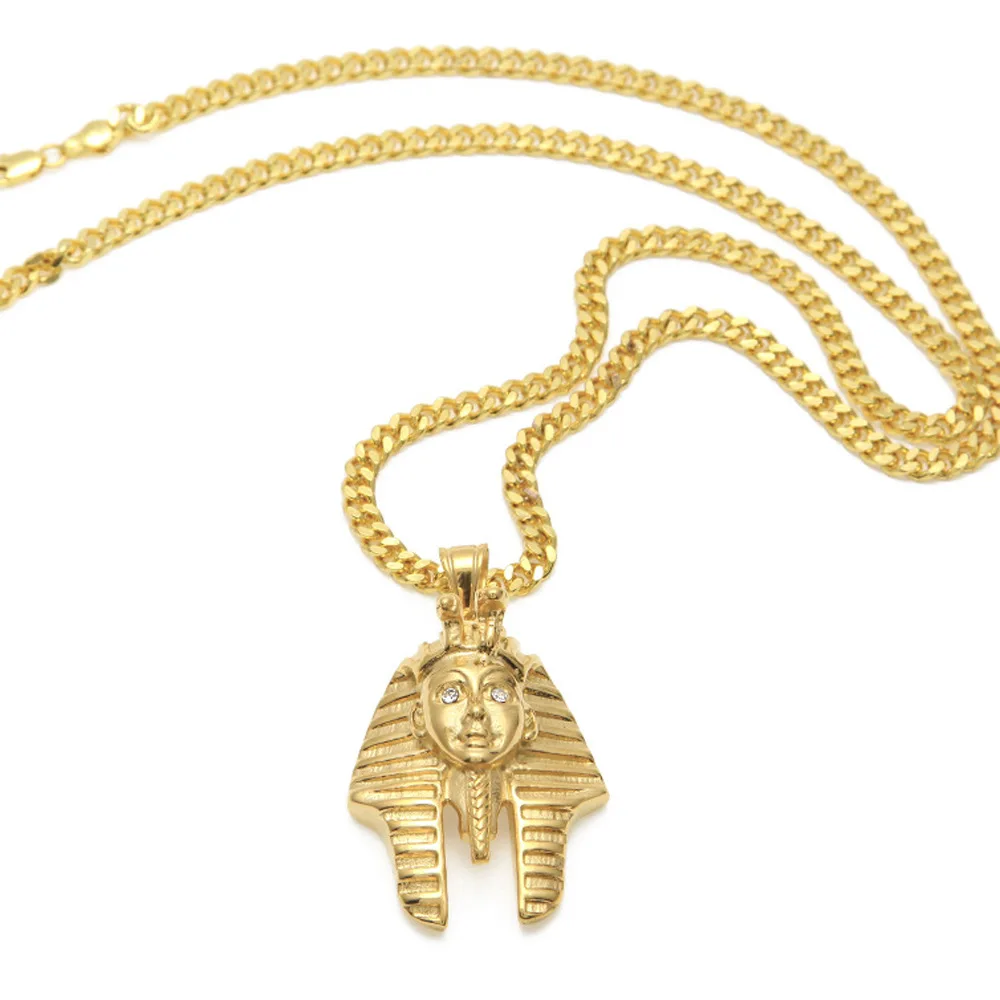 Stainless Steel Pharaoh Head Eye Diamond Pendant Cobra Shape Color Preserving Egyptian King Necklace