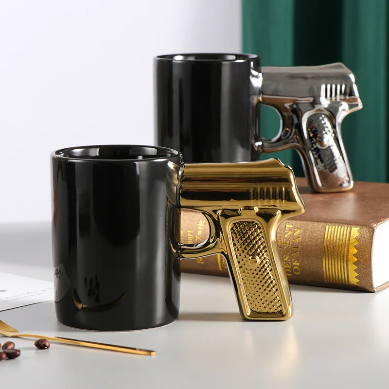 Creative ceramic gold and silver pistol cup gun handle coffee mug 3D shape cup
