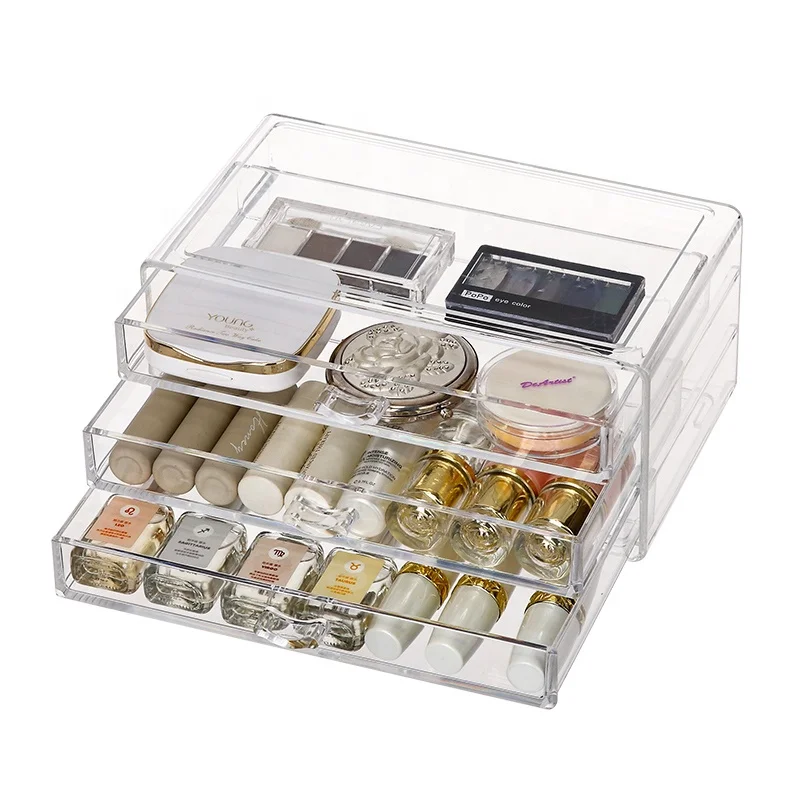 Dresser beauty woman cosmetic jewelry brushes countertop storage drawer box diamond clear plastic makeup organizer