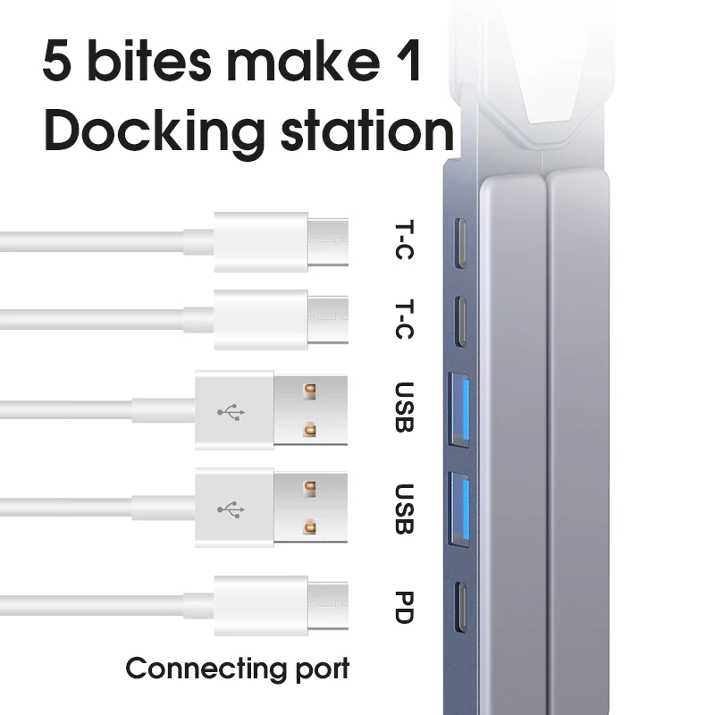 Aluminum Alloy Portable And Foldable Laptop Stand with 5 Port USB Hub Adjustable Laptop Riser