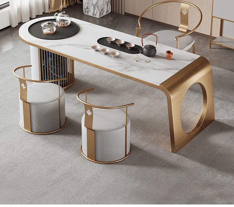 Chinese Style Stainless Steel Custom White Marble Coffee Kung Fu Tea Table and chair sets