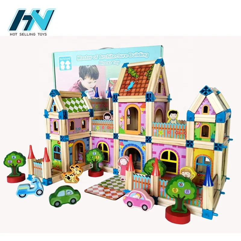 Kids education assembled creative wood model diy house 268pcs wooden toys building blocks