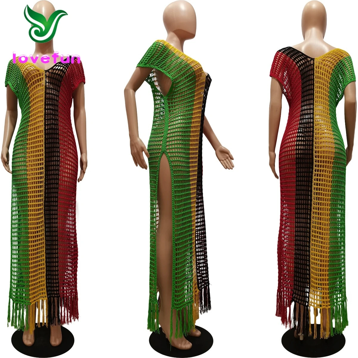 causal sleeveless knitted maxi tassel dress summer sexy color patchwork hollow out beach crochet long dresses