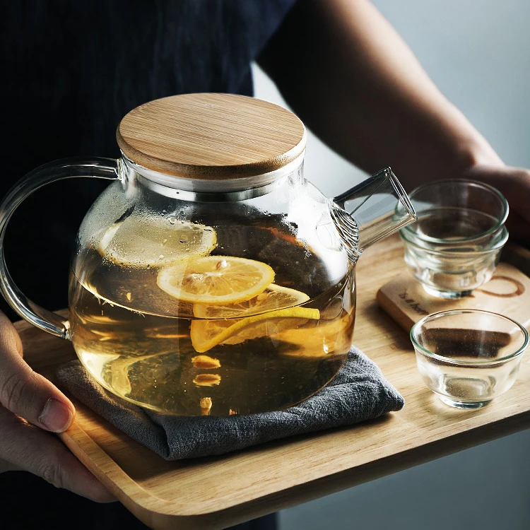1000 ML Handmade Glass Teapot, Glass Tea Kettle Set with Bamboo Lid