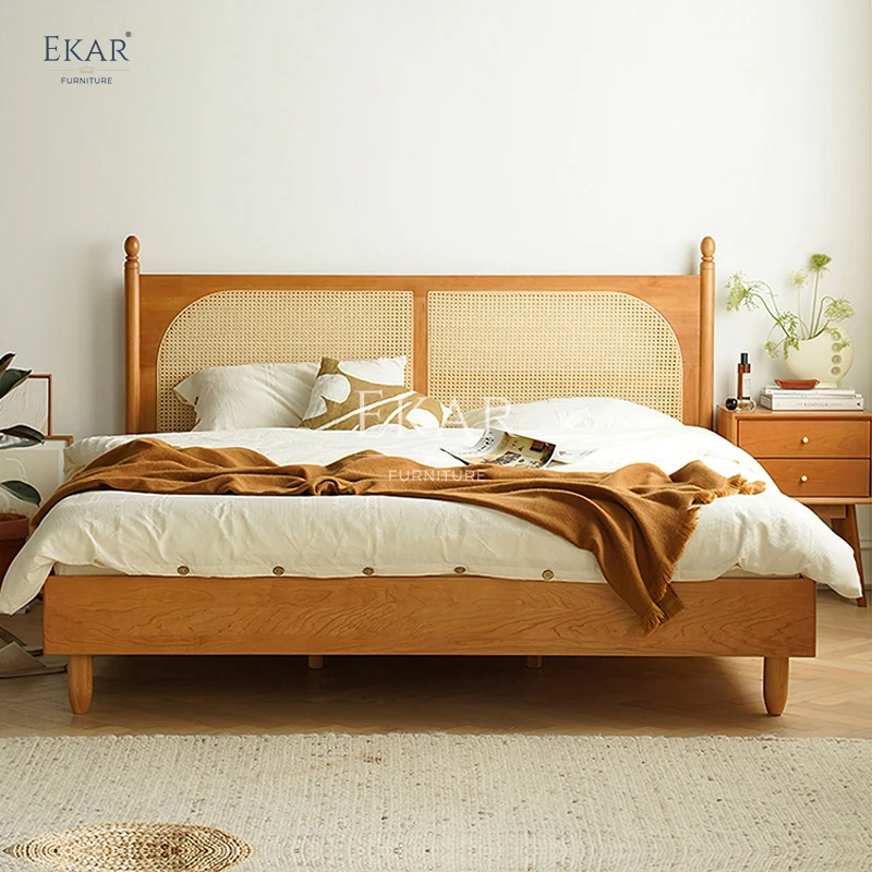 New design modern cherry wood rattan double bed