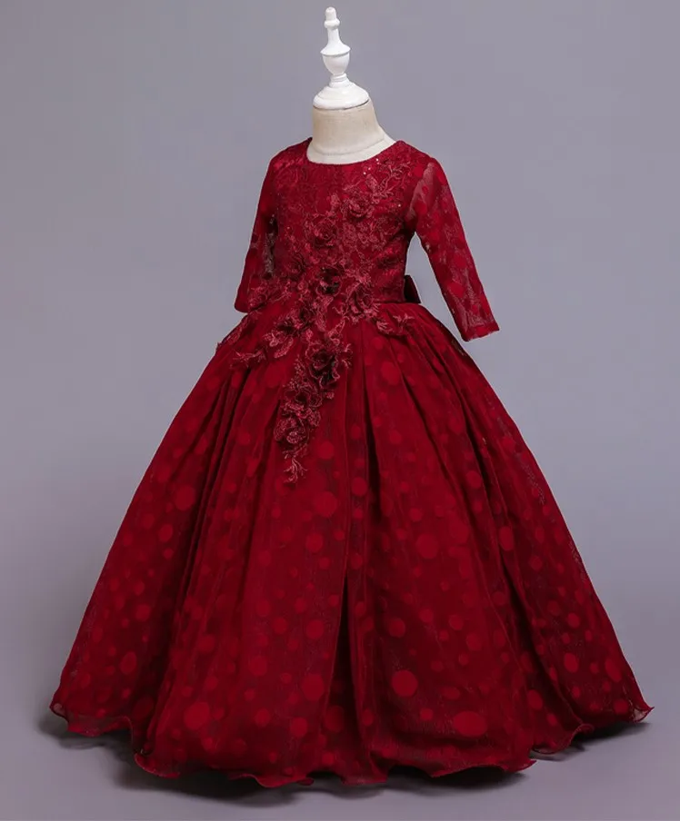 Fashion Girls Party Dress Lace Long Sleeves Breathable Wedding Flower Girls Dress Evening Pageant Tutu Princess Dresses