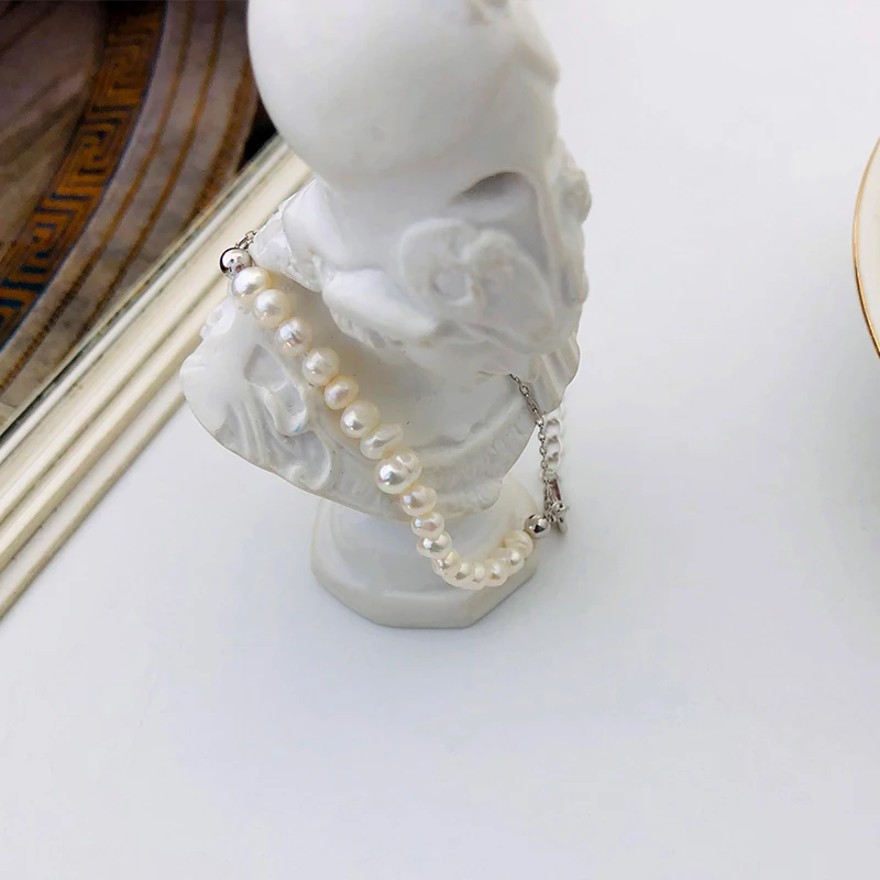 Sterling Silver 925 Double Chain Bracelet Gold Plated Pearl Bracelet Jewelry for Women