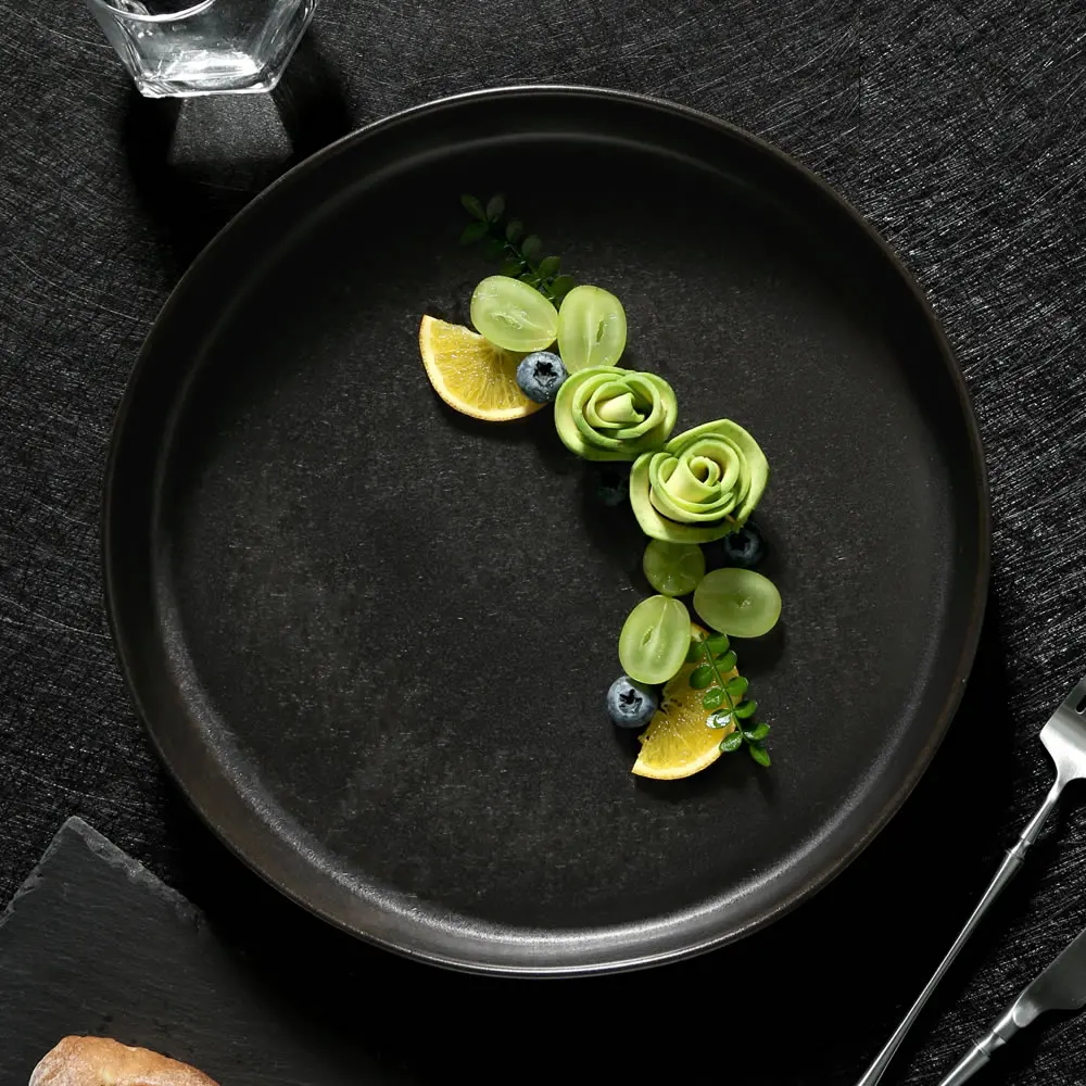 DXC Factory Direct Wholesale Nordic Catering Matte Reactive Black Fine Porcelain Ceramic Charger Dining Plates For Restaurant