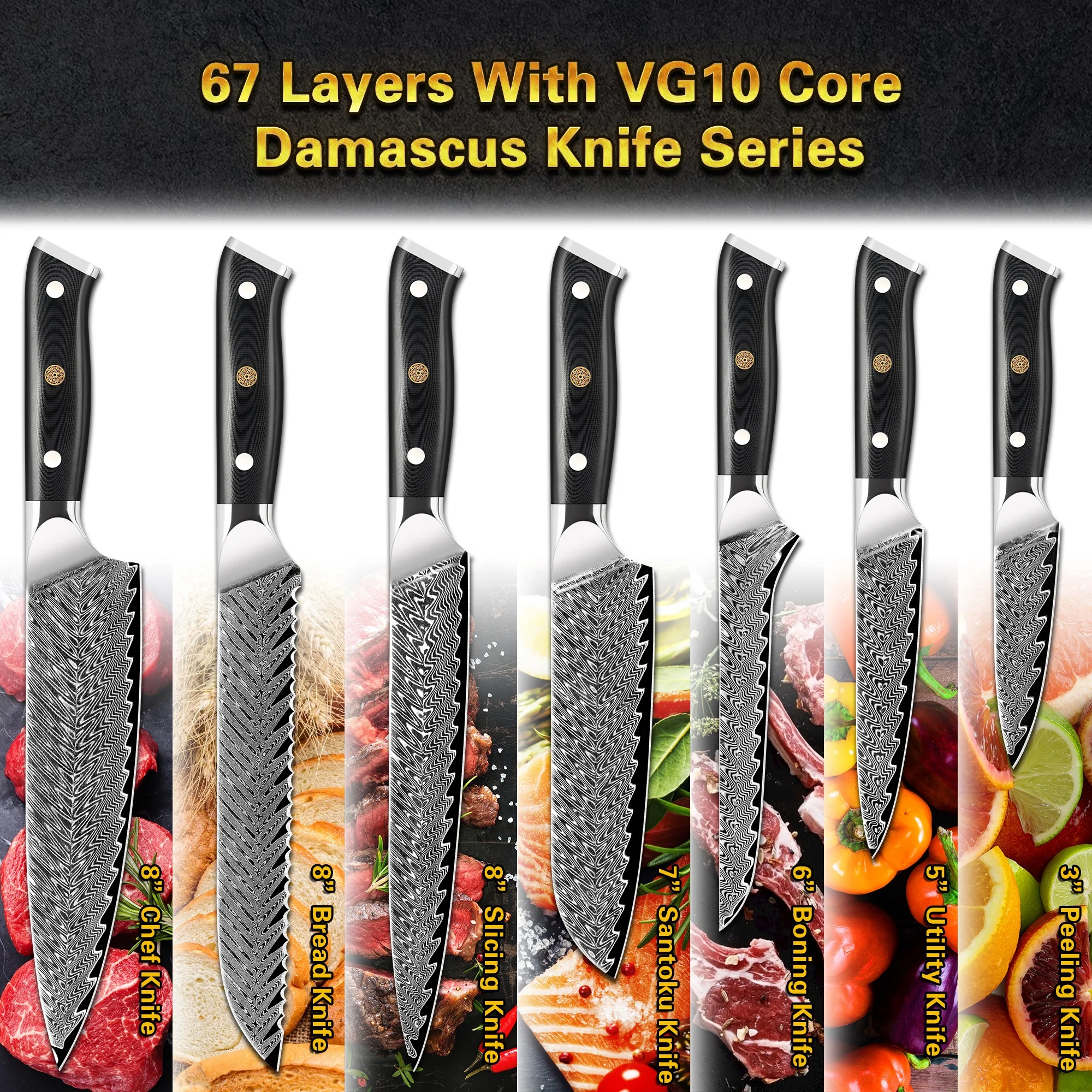 10% off Custom Logo G10 Handle 67 layers vg10 8 inch Damascus bread knife With Fish Bone Pattern