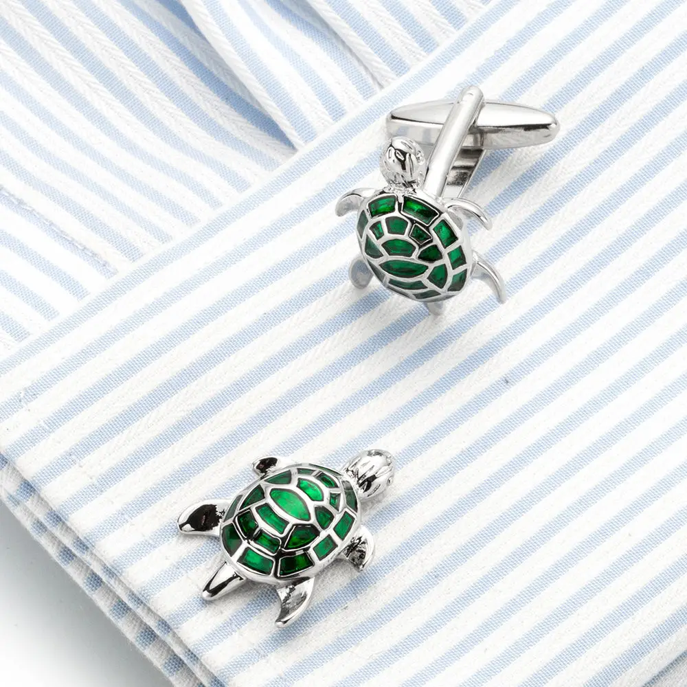 Modern Style Green Enamelled Sea Turtle Animal Copper Cuff links Cufflinks For Men