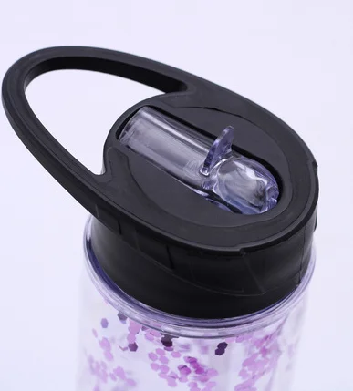 Hot sale glitter double wall clear plastic sports water bottle with straw