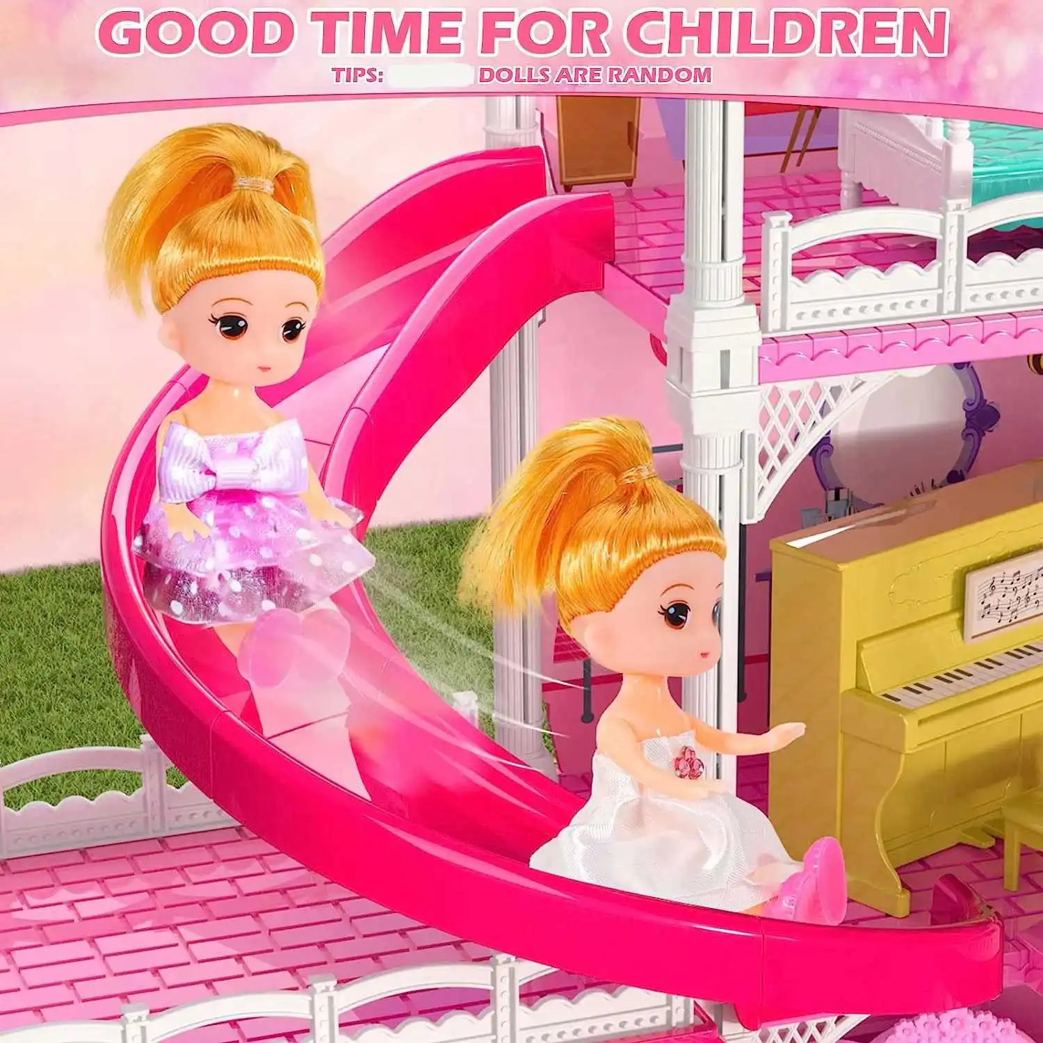 Pink Doll House Dream House Furniture 4 Stories 10 Rooms DIY Toddler Playhouse with 2 Princesses Model Toy Gift for Girls
