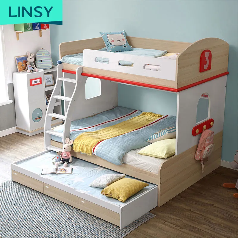 Linsy Modern Single 2 Kids Room Double Bed Wooden Kids Bedroom Furniture Set Child Bed With Stairs Eq2A