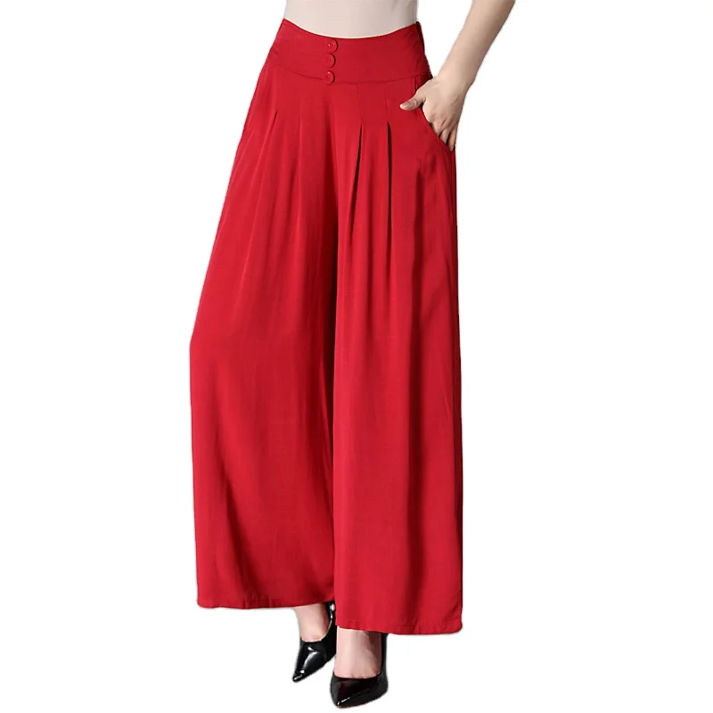 Solid High Waist Wide Leg Pants Women Spring Straight Pleated Trousers Pockets Loose Khaki Office Work Ladies Palazzo Pants