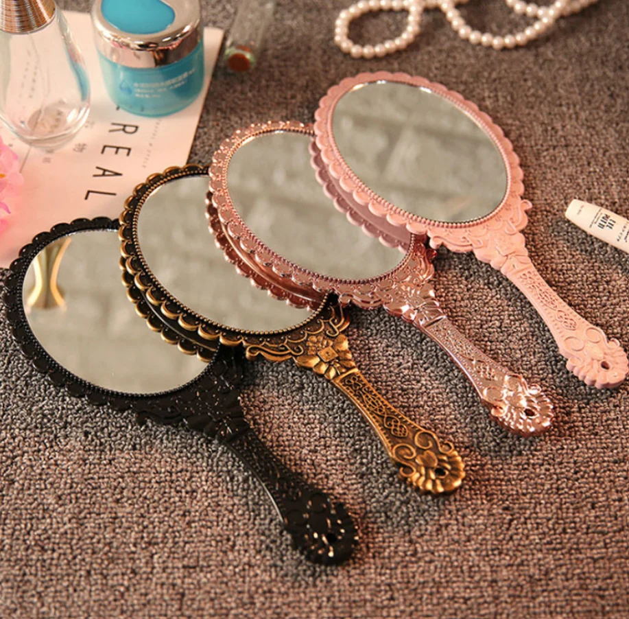 Romantic Retro Lace Pattern edge Handle Mirror Handheld Makeup Portable Small Round Mirror ABSFrame handle Vanity Bronzed mirror