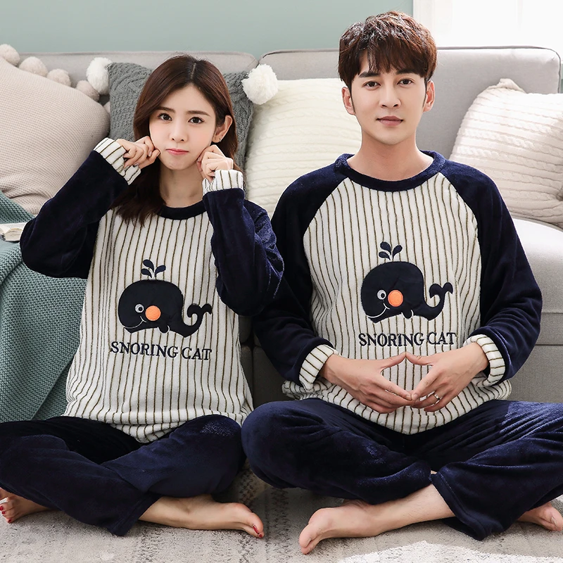 Factory Direct Winter Christmas Sleepwear Lover Sales New Design Long Sleeve Flannel Pajamas Couple Warm