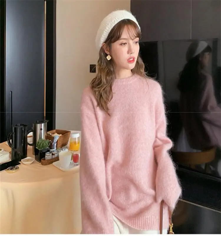 2022 wholesale knitwear oversized korean fashion sweater long sleeved pullover crew neck autumn winter tops women plain sweater