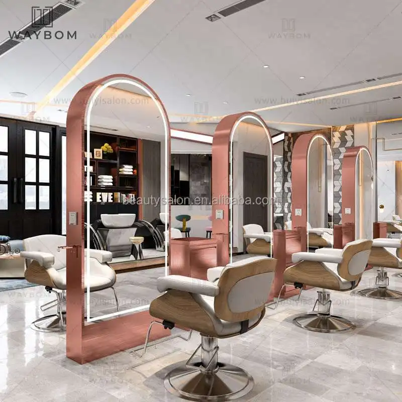 pink metal hair salon mirror station barber stations furniture large mirror salon stylish  led mirror for beauty salon