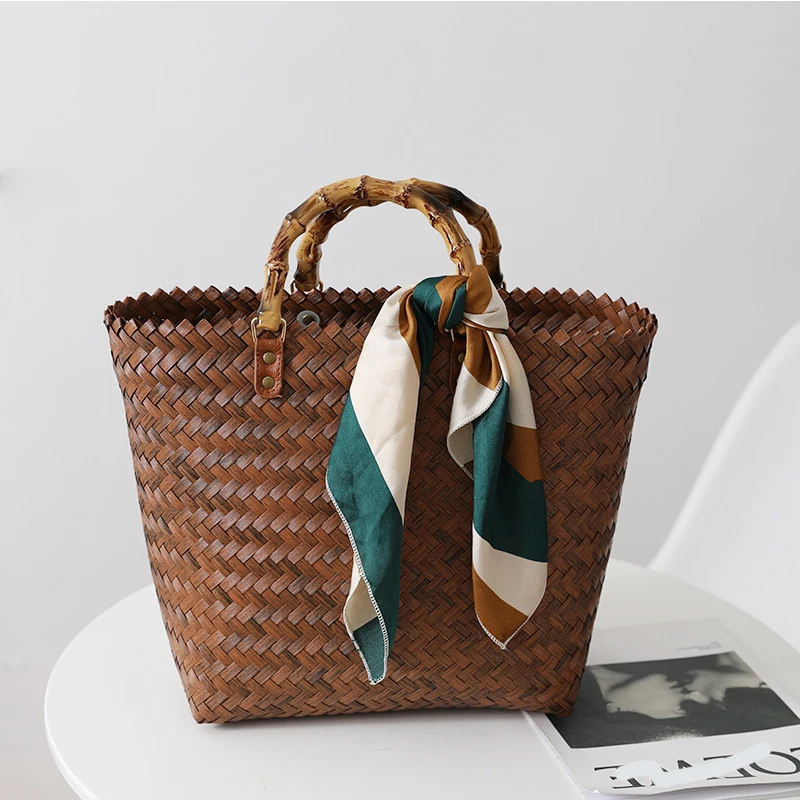 New retro portable large-capacity tote bag all-match handmade bamboo handle straw woven basket bag women
