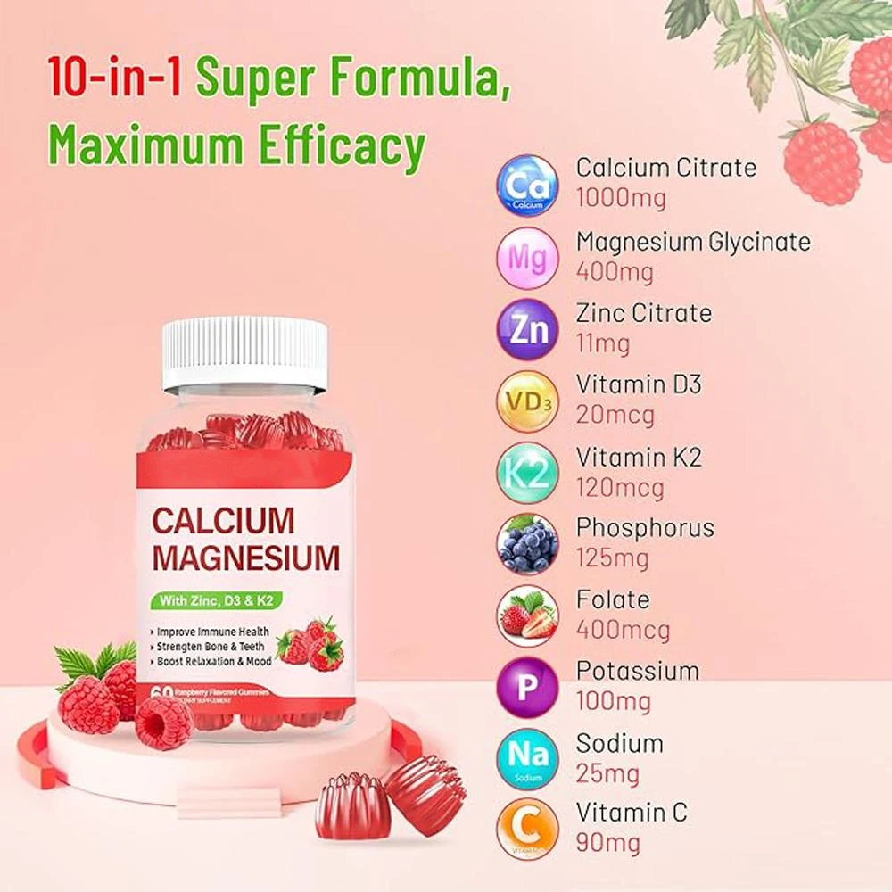 Calcium Magnesium Zinc Gummies with Vitamin D3 & K2, Magnesium Glycinate Potassium for Immune, Bone, Muscles, Calm Mood
