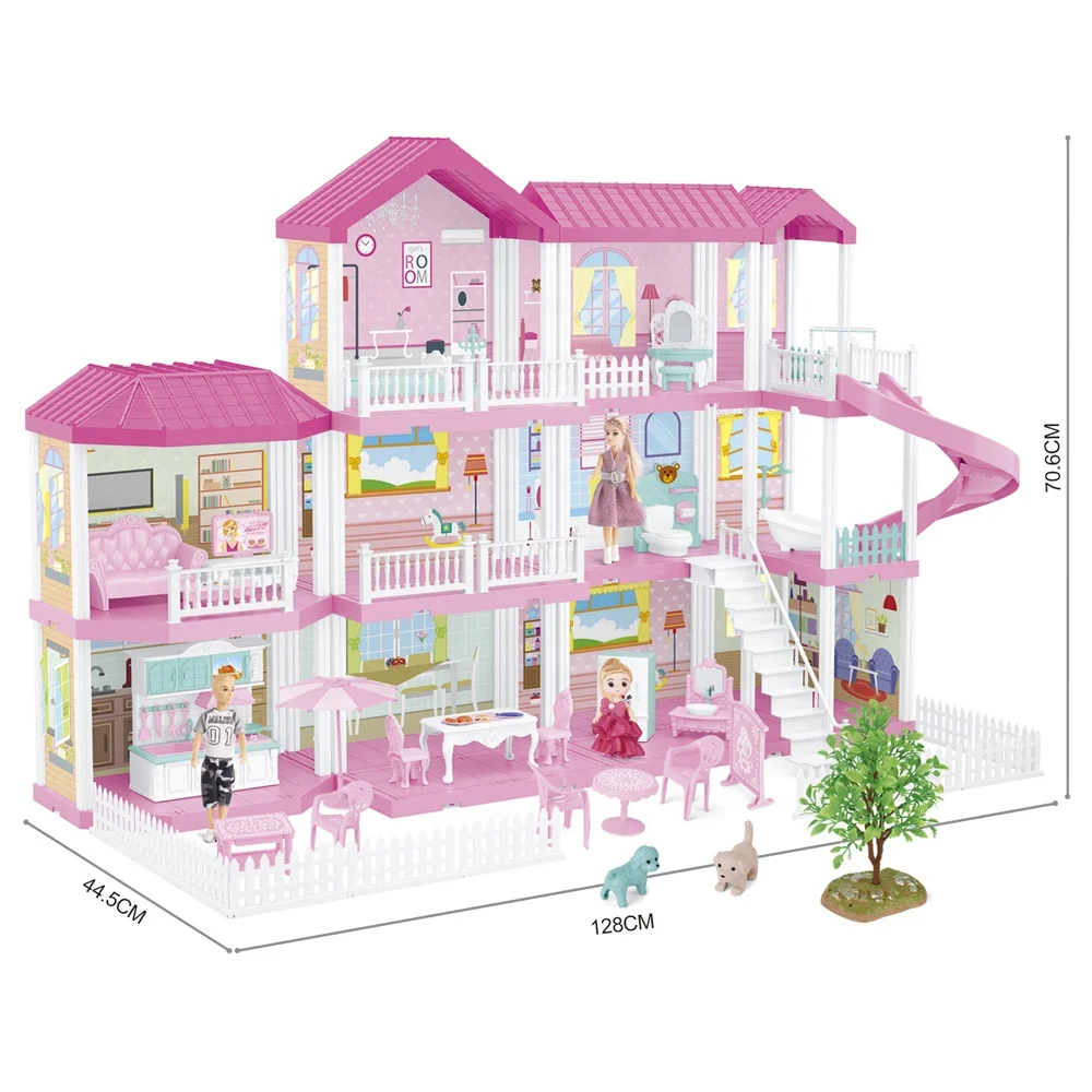 Pretend Play Girl Princess Toy Accessories Furniture DIY Assembly Plastic Big Size Dream Doll House with Boy and Girl Doll