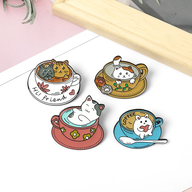 Cup Animal Enamel Pins Cute Cat Pattern Brooches Cartoon Badges Clothes Bag Lapel Pins Jewelry Lovely Gift For Girls Friends