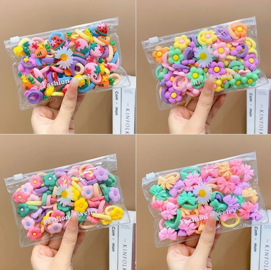 Wholesale 20Pcs/Bag Children Candy Color Elastic Rubber Bands Girls Colorful Small Fruit Towel Hair Ties Kids Flower Hair Rope